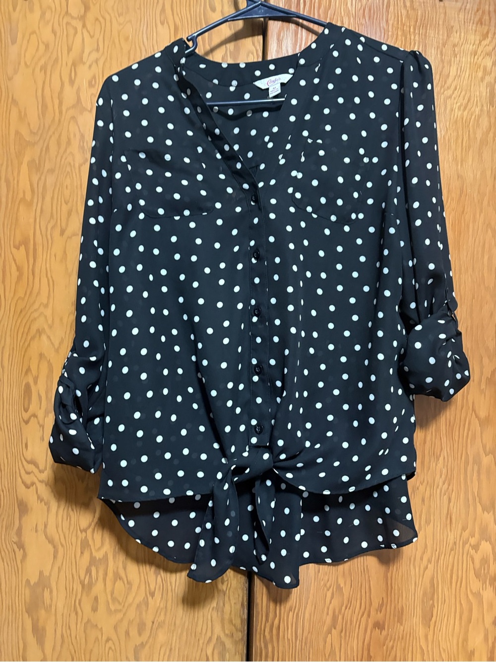 Candie's Black Polka Dot Tie-Front Blouse